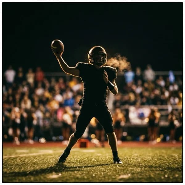 High school football quarterback throws a long pass under Friday-night stadium lights.