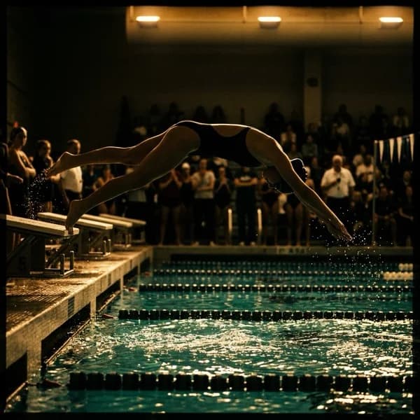 High school swimmer mid-dive off the starting block at a swim meet.