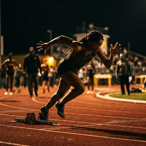 High school sprinter explodes from the starting blocks on a track at dusk.