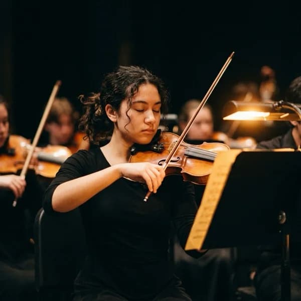 High school orchestra violinist performs in a darkened auditorium.