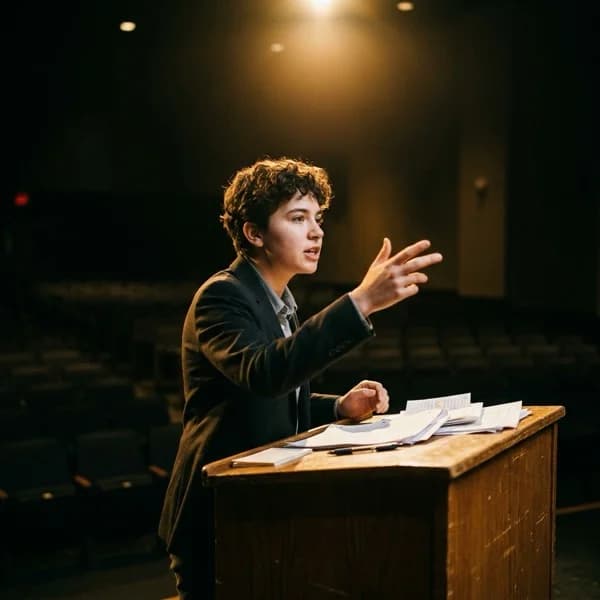 High school debate student argues passionately at a podium under a spotlight.