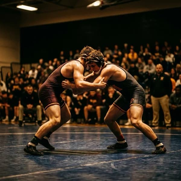 Two high school wrestlers grapple on the mat under gymnasium lights.