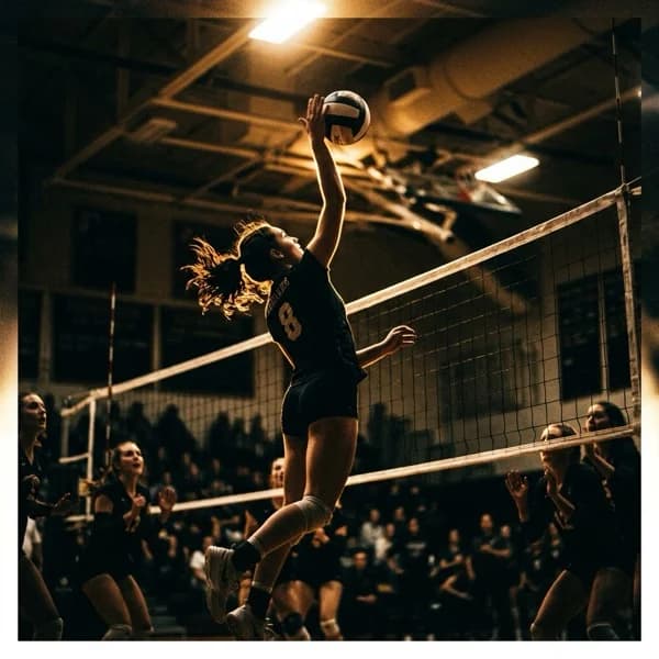High school volleyball player mid-spike at the net under gymnasium lights.