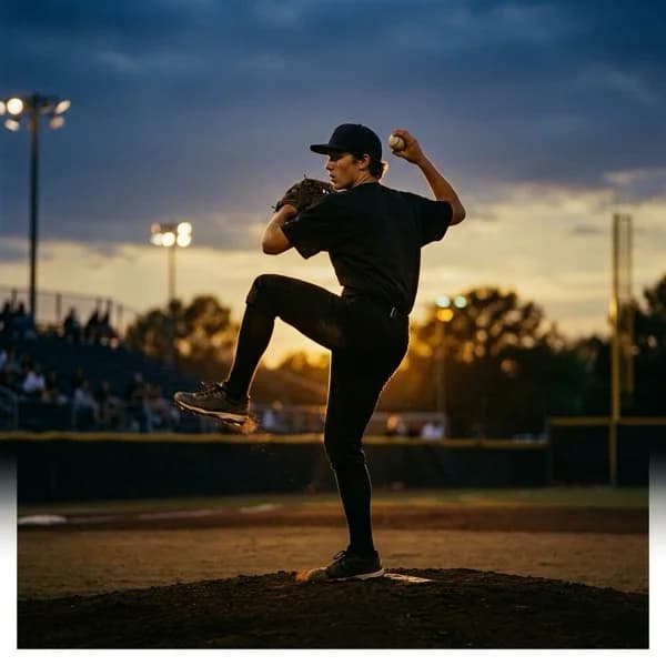 High school baseball pitcher mid-windup on the mound during a twilight game.