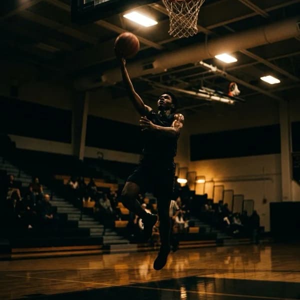 High school basketball player rising for a layup in a brightly lit gymnasium.
