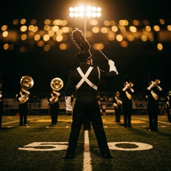 High school marching band drum major conducts during a halftime performance.