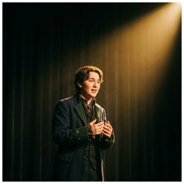 High school theater student mid-performance under a warm spotlight.