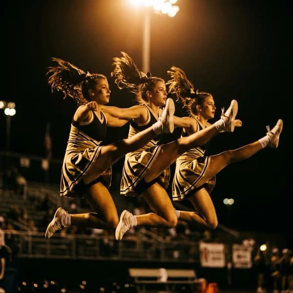 High school cheer team executes a synchronized airborne routine under stadium lights.