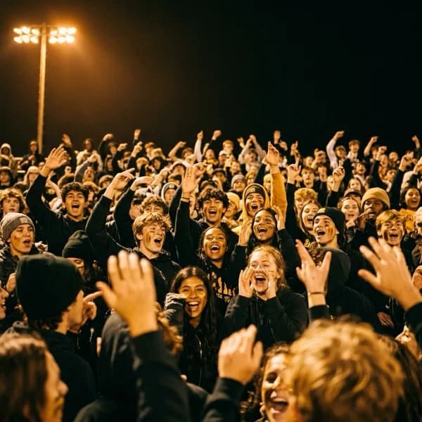 Packed high school student section cheers under Friday-night stadium floodlights.