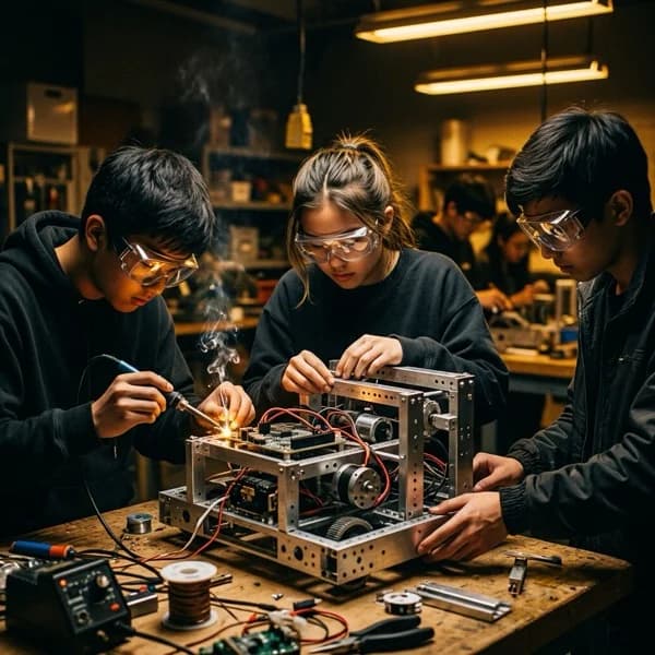 High school robotics team students build a competition robot under warm workshop lighting.