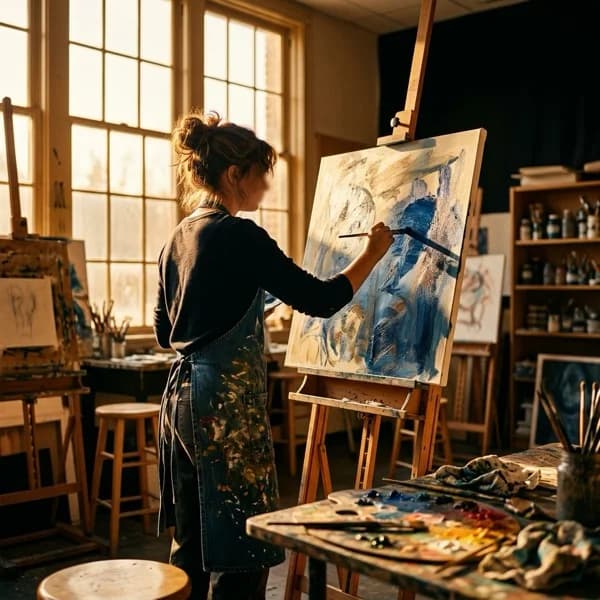 High school art student paints at an easel in a sunlit studio.