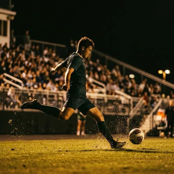 High school soccer player mid-strike under evening stadium floodlights.